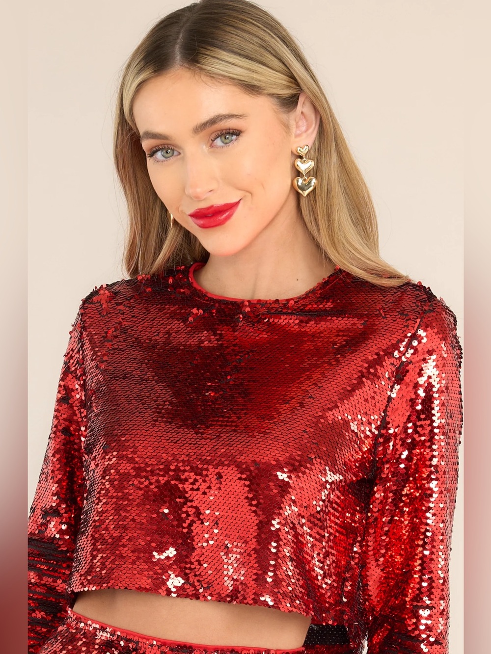 Vici Red Sequin Glitter Long sleeve Crop Top N259